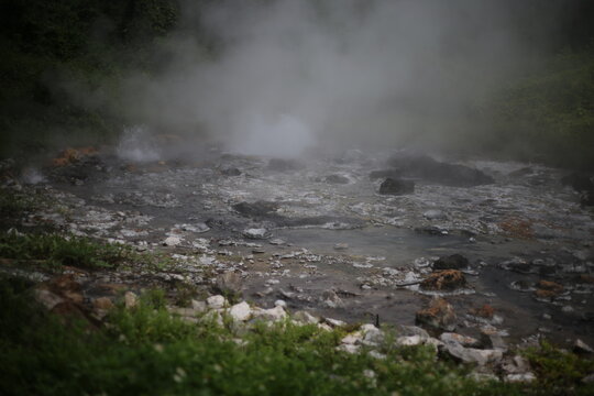 Selective focus: A natural hot spring in a mountain forest in winter with steam from the heat. There is space for text.