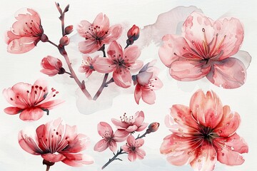Watercolor cherry blossom clipart in soft pink and white tones