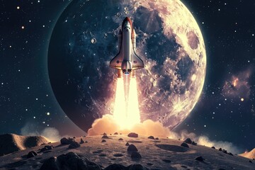 Space Mission Begins: Successful Rocket Launch with Astronaut into Cosmic Dark with Moon and Stars Background - obrazy, fototapety, plakaty