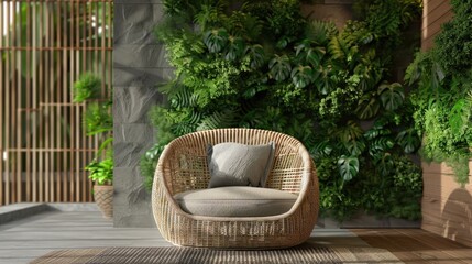 Obraz premium Scandinavian Moss Wall: A Stunning Interior Design Idea for a Green and Natural Home Ambience, Rattan Chair Included