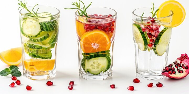 Refreshing Detox Water Glasses with Lemon, Cucumber, and Pomegranate. Isolated on white background - A healthy way to hydrate