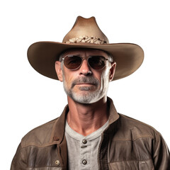 bullock farm wearing cowboy hat and sunglasses portrait looking at camera