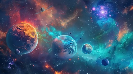Dreamy universe wallpaper with planets, stars, and abstract colors, perfect for children's books. - obrazy, fototapety, plakaty