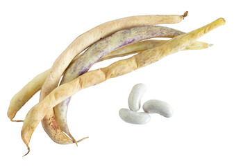 Dried bean pods and grains on isolated background.
