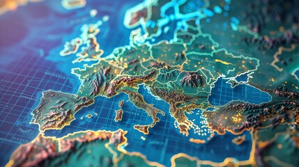 3D Topographic Digital Map of Europe With Digital Grid Overlay and Country Borders Highlighted for Geopolitical, Educational, or Data Use