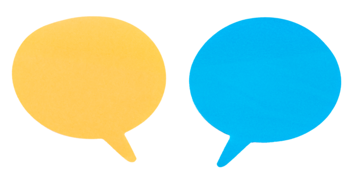 Two yellow and blue speech bubbles on a white background. The yellow bubble is on the left and the blue one is on the right