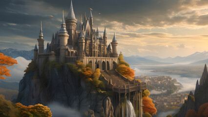 A beautiful fairy tale castle in a fantasy world on a rock. Japanese temple. - obrazy, fototapety, plakaty