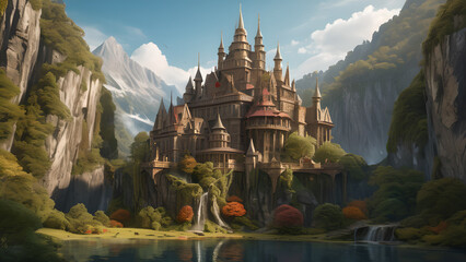 A beautiful fairy tale castle in a fantasy world on a rock. Japanese temple. - obrazy, fototapety, plakaty