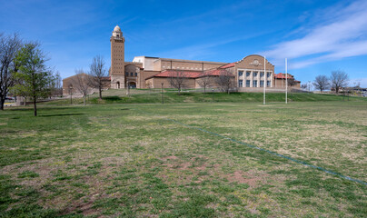 Panorama of the arena and its tower on the campus of Texas Tech University in the city of Lubbock