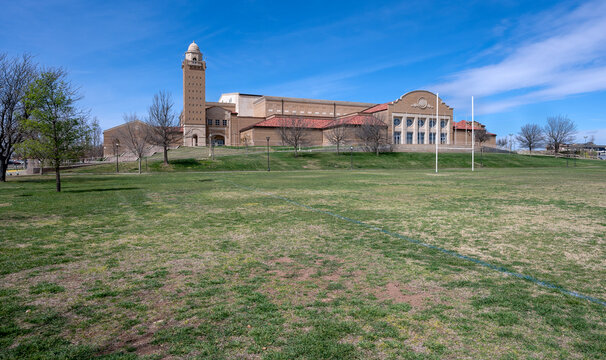 Panorama of the arena and its tower on the campus of Texas Tech University in the city of Lubbock