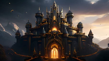 Fotobehang Dark giant black castle in a fantasy world. Scary castle. © Maniockus