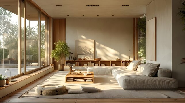 Scandinavian minimalist living room, monochromatic color palette, wooden furniture, simple decor. For design, 3d render, decoration, lifestyle