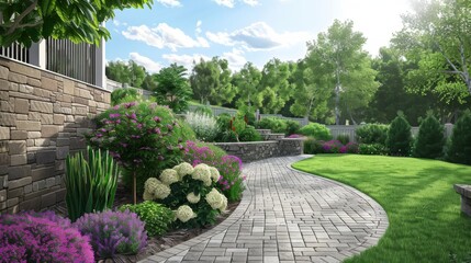 Garden With Brick Path and Flowers