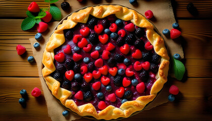 A galette with a mix of fresh berries on top, placed on a wooden table 