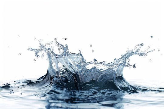 Dynamic water splashes and drops frozen in motion, isolated on white background