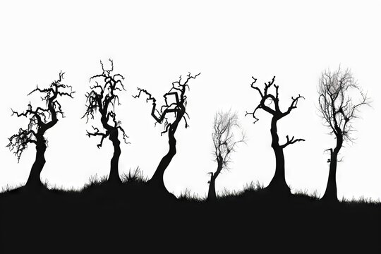 Eerie silhouettes of spooky trees isolated on white, Halloween or horror concept, black and white illustration