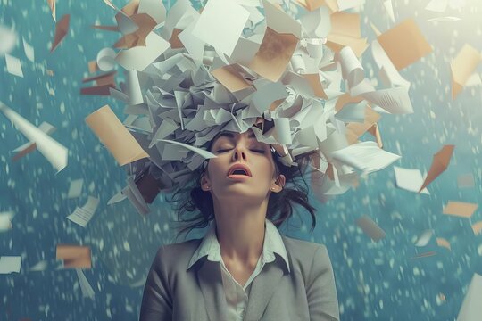 Exhausted businesswoman with paper explosion in head, fast-paced life and time management concept, modern art collage