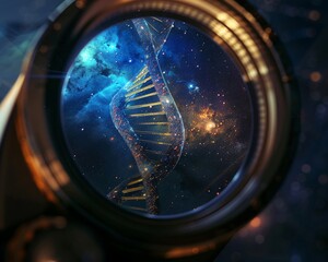 An astronomers affinity for the stars is mirrored in a telescope viewfinder showing a nebula shaped like a DNA helix illuminating the night