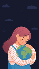 Caring girl gently hugging the the planet earth. Earth day. Vector illustration