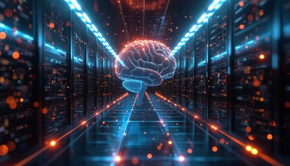 Digital brain connected to data center.