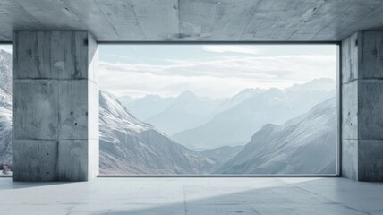 Modern empty room with a view of snowy mountains - An illustration of a spacious concrete room with a vast window showcasing a breathtaking view of snowy mountains