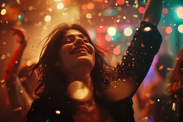 Stylish beautiful woman dancing, celebrating and hanging out in a nightclub, other people dancing in background, flying sparkles and confetti, reportage photography style with flash motion blur - obrazy, fototapety, plakaty