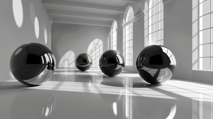 Monochrome spheres aligned in a corridor - Stark black spheres on a shiny floor contrast with the white walls of a brightly lit corridor, leading to a vanishing point