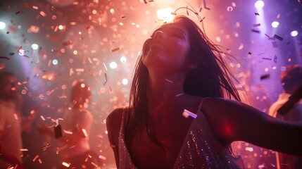 Stylish beautiful woman dancing, celebrating and hanging out in a nightclub, other people dancing in background, flying sparkles and confetti, reportage photography style with flash motion blur