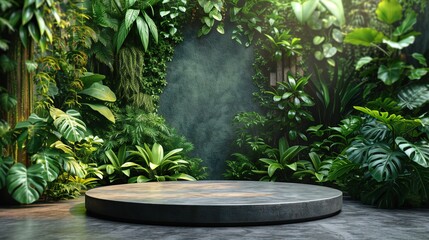 Green background, podium, product, and platform.