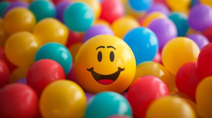 Fototapeta na wymiar Outstanding smiley face in ball pit - A happy smiley face emoji stands out in a pit full of colorful plastic balls