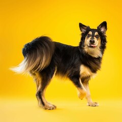 Beautiful supermutt dog isolated on yellow background. looking at camera . front view. dog studio portrait.happy dog .dog isolated .puppy isolated .puppy closeup face,indoors.yellow background .