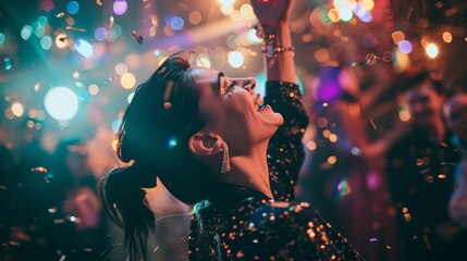 Stylish beautiful woman dancing, celebrating and hanging out in a nightclub, other people dancing in background, flying sparkles and confetti, reportage photography style with flash motion blur - obrazy, fototapety, plakaty