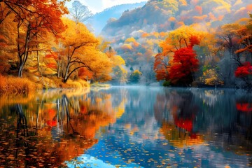Fototapeta na wymiar Vibrant autumn foliage reflected in a calm river. 