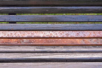 Bench in a park with rain drops - close-up, suitable as a background