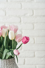 Bouquet of pink and white tulips in vase - 771491365