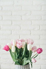 Bouquet of pink and white tulips in vase - 771491397