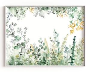 Serene watercolor garden soft hues of green and floral bursts