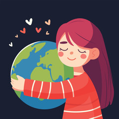 Caring girl gently hugging the the planet earth. Earth day. Vector illustration