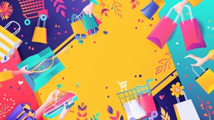 Shop online or delivery service banner concept in bright trendy colors with collage hands holding shopping bags and cart. Sale banner concept. Vector illustration