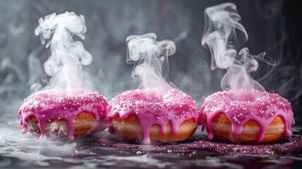 Smoky pink glazed donuts in mystic light - Pink glazed donuts with smoking effect, captured in an enigmatic and mystical light setting