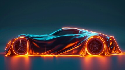 Sports car shrouded in blue and orange - Artistic portrayal of a sports car hidden under a cloth with striking blue and orange neon lighting effects - obrazy, fototapety, plakaty