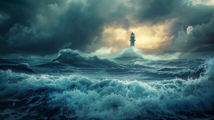 Stormy sea with lighthouse - A dramatic storm with tumultuous waves crashing against a lighthouse - obrazy, fototapety, plakaty