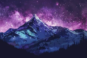 Foto op Canvas Galaxy nature with snowy mountain and starry sky, abstract night scene, digital art © furyon