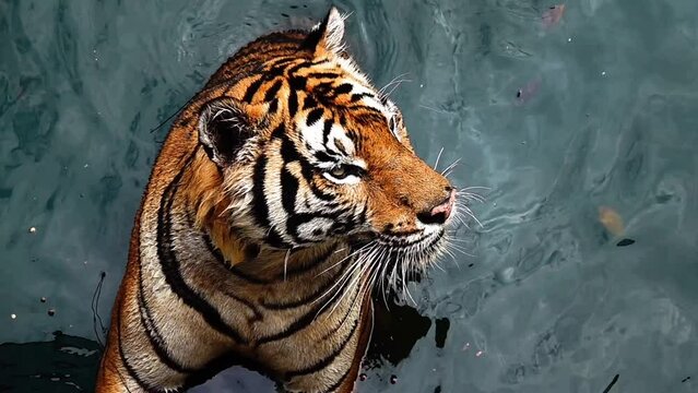 4k super slow tiger, Panthera tigris altaica, low angle photo in direct view, running in the flick water Attacking predator in action. Tiger in water