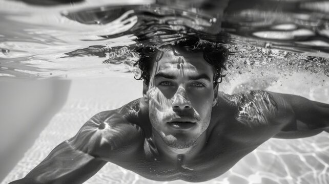 Swimmer under water in a pool - Monochromatic image of a male swimmer underwater with dynamic light patterns