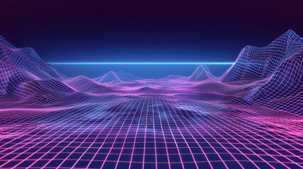 Fototapeta na wymiar Vibrant neon grid landscape with a retro vibe - A digital cyber landscape with neon grid lines on a mountainous backdrop, evoking 80s retro futurism