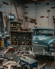 A mechanic's dream: a vintage car restoration in a garage with an open toolbox and parts scattered around