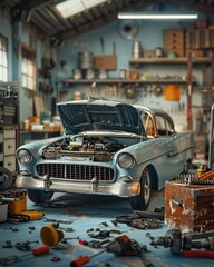 A mechanic's dream: a vintage car restoration in a garage with an open toolbox and parts scattered around