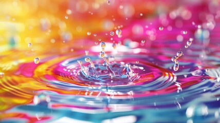Fototapeta na wymiar Water drop creating colorful ripples in water - A vivid portrayal of a single water drop creating ripples across a surface, symbolizing impact and tranquility