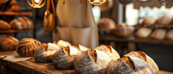 An artisanal bakery scene, warm bread loaves under soft light, an apron hanging by the side.